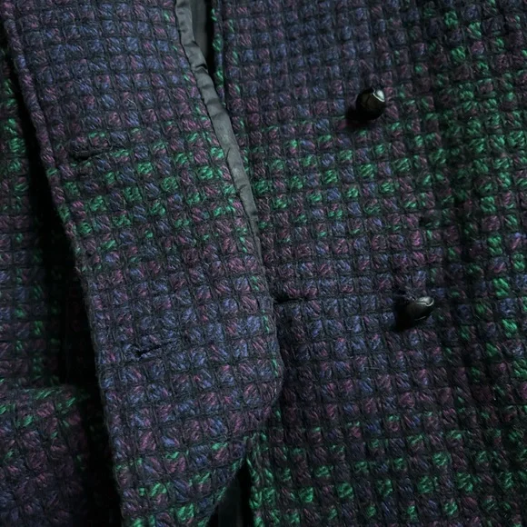 Vintage Tweed Peacoat Womens 10 Purple Green Wool 90s Classic Double Breasted - Picture 14 of 15